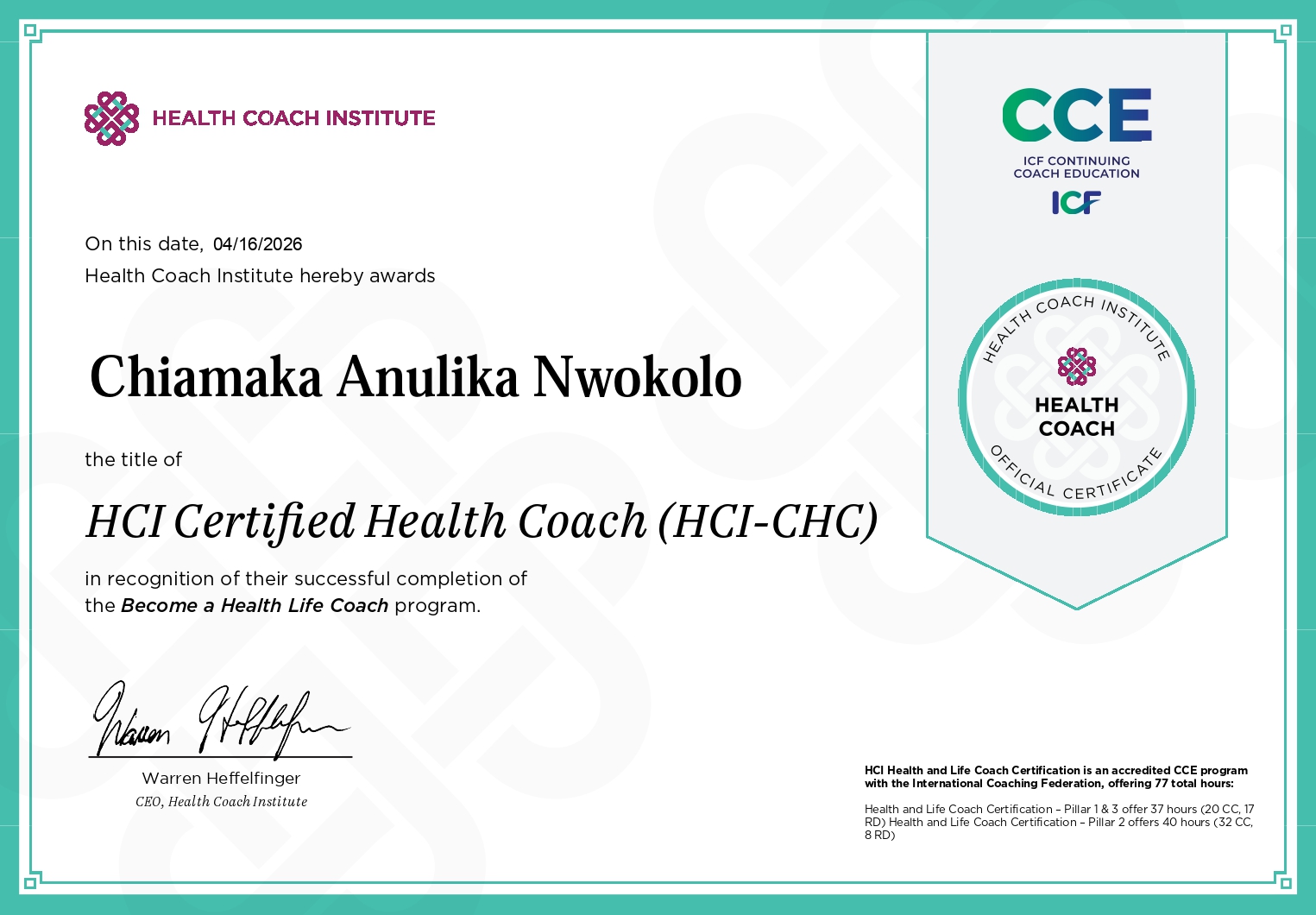 HCI Certified Health Coach (HCI-CHC) Certificate