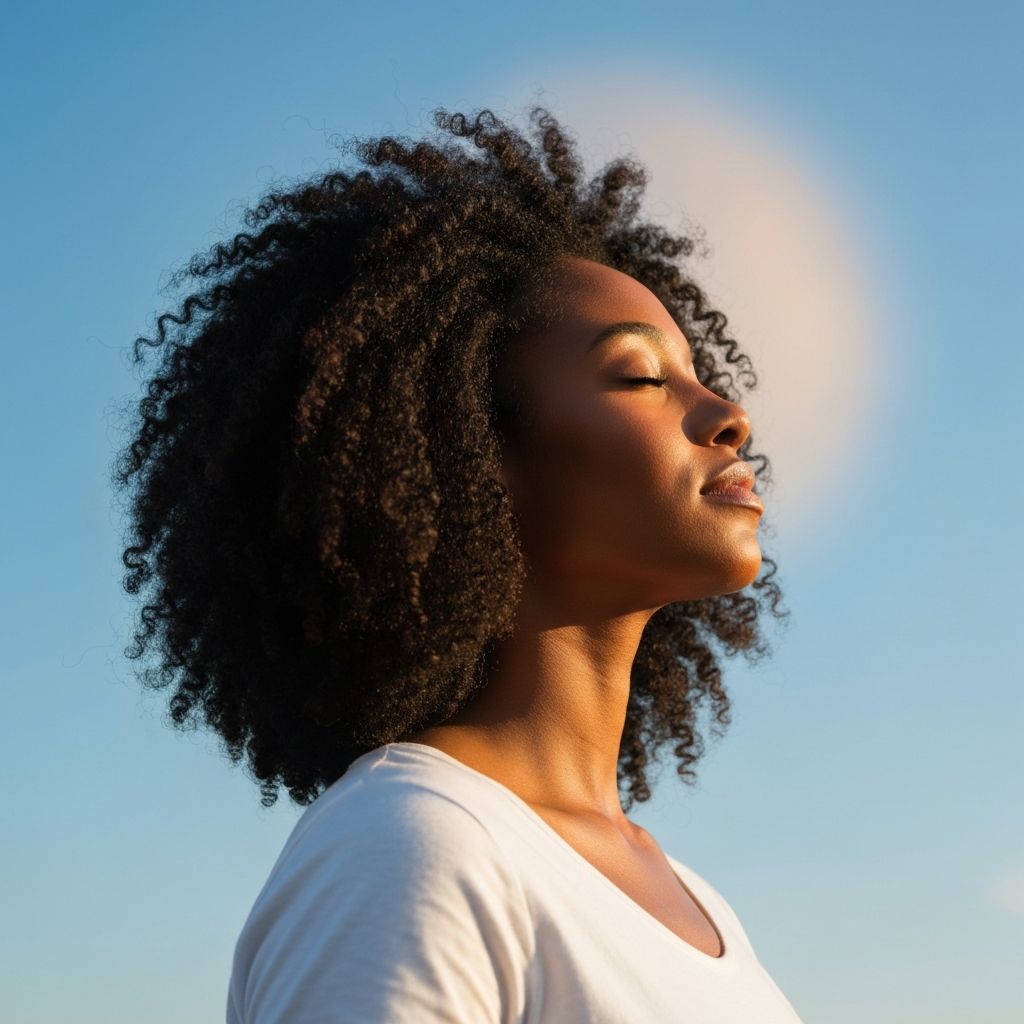 Woman in peaceful meditation against blue sky